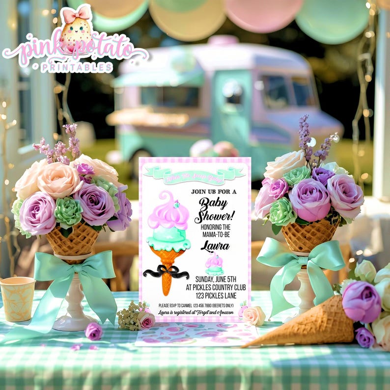 May include: A baby shower invitation with an ice cream cone design, featuring pink and mint green colors. The invitation is surrounded by floral arrangements in waffle cones, tied with light blue ribbons. The text reads "Join us for a Baby Shower!" and includes event details.