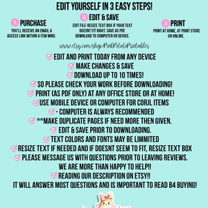May include: A pink and white graphic with instructions for using a digital file. The text reads "CORJL HELP FILE-PLEASE READ!" and details three steps: Purchase, Edit & Save, and Print. Includes the Etsy shop URL.