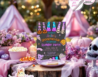 May include: A Halloween party invitation with the text "London's Spooktacular Slumber Party!" on a chalkboard. The image features pink decorations, a skeleton, and treats like popcorn and candy corn, creating a spooky atmosphere.