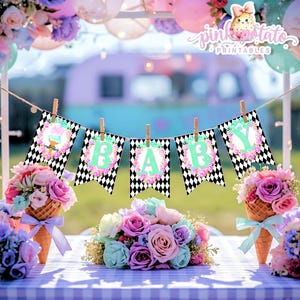 May include: A festive baby shower banner spelling "BABY" with mint green letters and floral accents, strung between wooden clothespins. The banner is set against a backdrop of flowers, ice cream cone bouquets, and balloons, with the text "pink potato PRINTABLES".
