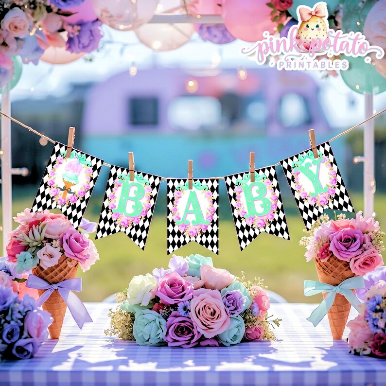 May include: A festive baby shower banner spelling "BABY" with mint green letters and floral accents, strung between wooden clothespins. The banner is set against a backdrop of flowers, ice cream cone bouquets, and balloons, with the text "pink potato PRINTABLES".