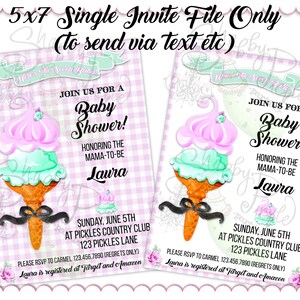 May include: Baby shower invitation with a pink and mint ice cream cone design. The invitation includes the text "Join us for a Baby Shower!" and details for the event, including the date, time, and location. The invitation is 5x7 inches.