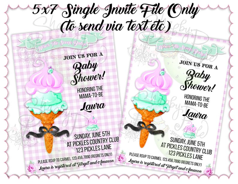 May include: Baby shower invitation with a pink and mint ice cream cone design. The invitation includes the text "Join us for a Baby Shower!" and details for the event, including the date, time, and location. The invitation is 5x7 inches.