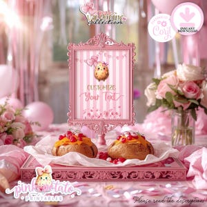 May include: A pink Valentine's Day display with a decorative frame for custom text, two baked goods with fruit toppings, and floral arrangements. The frame features a cartoon potato character and the text "Customize Your Text". The image also includes the text "Pink Potato Printables".