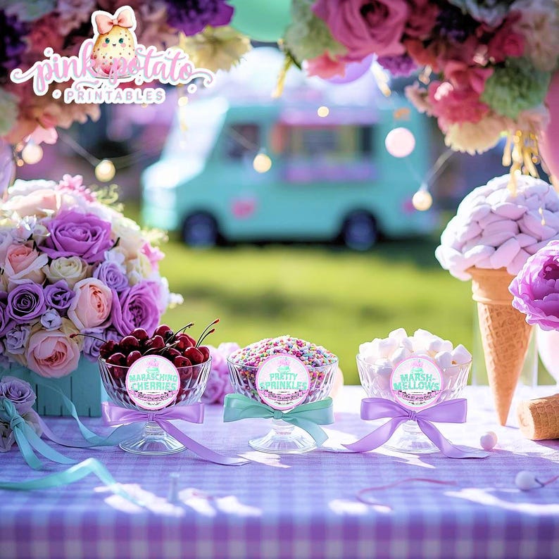May include: A festive scene with three glass bowls filled with maraschino cherries, sprinkles, and marshmallows, each labeled with a decorative sticker and tied with a ribbon. A light blue ice cream truck is in the background, with flowers and ice cream cones.