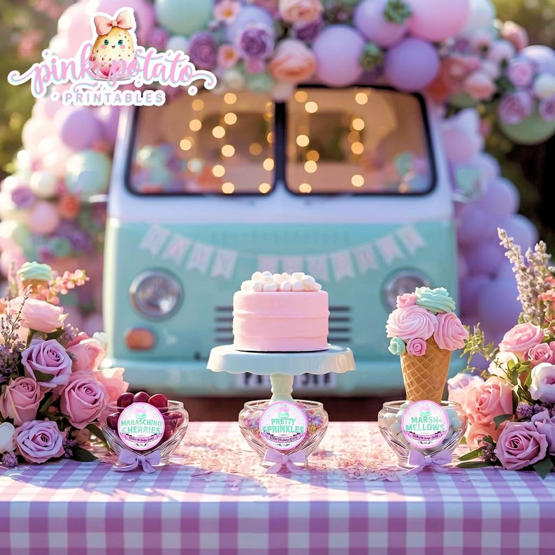 May include: A pastel-themed dessert display featuring a pink cake with white marshmallows, an ice cream cone with pink and blue frosting, and candy jars. A vintage van is in the background, decorated with balloons and flowers. The table has a pink and white checkered tablecloth.