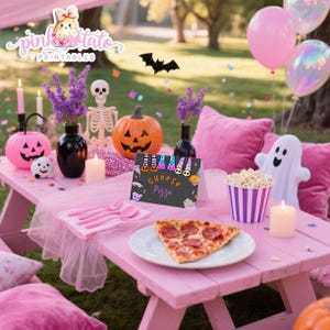 May include: A pink picnic table decorated for Halloween with a carved pumpkin, a skeleton, and a sign reading "Cheese Pizza." The table also features a pizza slice, popcorn, and pink balloons.