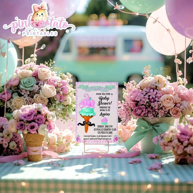 May include: A baby shower invitation featuring an ice cream cone design with pink and mint green colors. The invitation is surrounded by bouquets of pink and purple flowers, balloons, and a vintage ice cream truck in the background.