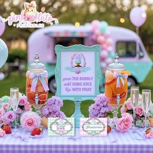 May include: A party scene with a pastel pink and teal food truck. Two glass beverage dispensers filled with fruit and a sign that reads "pour the bubbly add some juice top with fruit". The table is decorated with flowers.