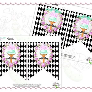 May include: Banner with a black and white diamond pattern. Each pennant features a watercolor ice cream cone with pink and mint-green scoops, surrounded by pink flowers. The word "Banner" is printed on the top.