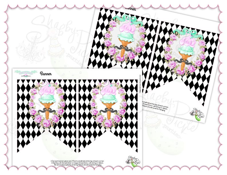 May include: Banner with a black and white diamond pattern. Each pennant features a watercolor ice cream cone with pink and mint-green scoops, surrounded by pink flowers. The word "Banner" is printed on the top.