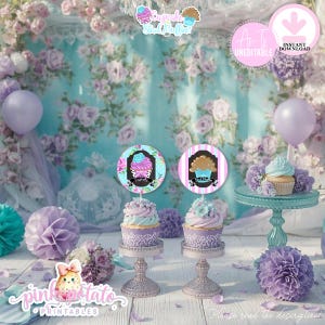 May include: A decorative scene with cupcakes, balloons, and floral arrangements. The cupcakes have pastel frosting and decorative toppers. The backdrop features a floral pattern. The image includes the text "Cupcakes & Sweet Muffins" and "Pink Potato Printables".