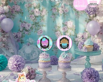 May include: A whimsical display featuring cupcakes with pastel frosting and decorative toppers. The scene includes balloons, floral arrangements, and a backdrop with a floral pattern. The image has the text "Cupcakes & Sweet Muffins" and "Pink Potato Printables".