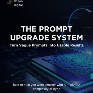 May include: A dark blue graphic with the text "THE PROMPT UPGRADE SYSTEM" and "Turn Vague Prompts into Usable Results." The image also includes the text "Built to help you work smarter with AI—without complexity or hype" and rheondigital.com.