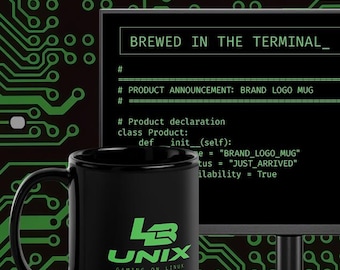 Tazza nera lucida con logo UNIX / Tazza da caffè in ceramica con la scritta "Brewed in the Terminal"
