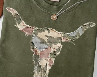 Camo Longhorn Skull Patchwork PNG, Western Cow Skull Design (Digital Download)