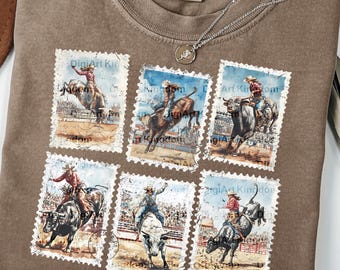 Cowgirl Bull Riding Stamp Set, Vintage Western Rodeo PNG, Wild West Design