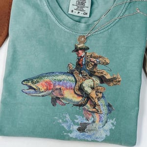 Vintage Cowboy Riding Trout PNG, Western Fishing Art (Digital Download)