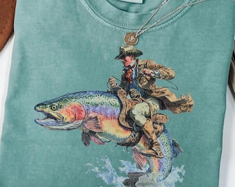 Vintage Cowboy Riding Trout PNG, Western Fishing Art (Digital Download)