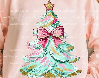 Hand-Painted Christmas Tree PNG: Pastel Coquette Bow Clipart (Digital Download)