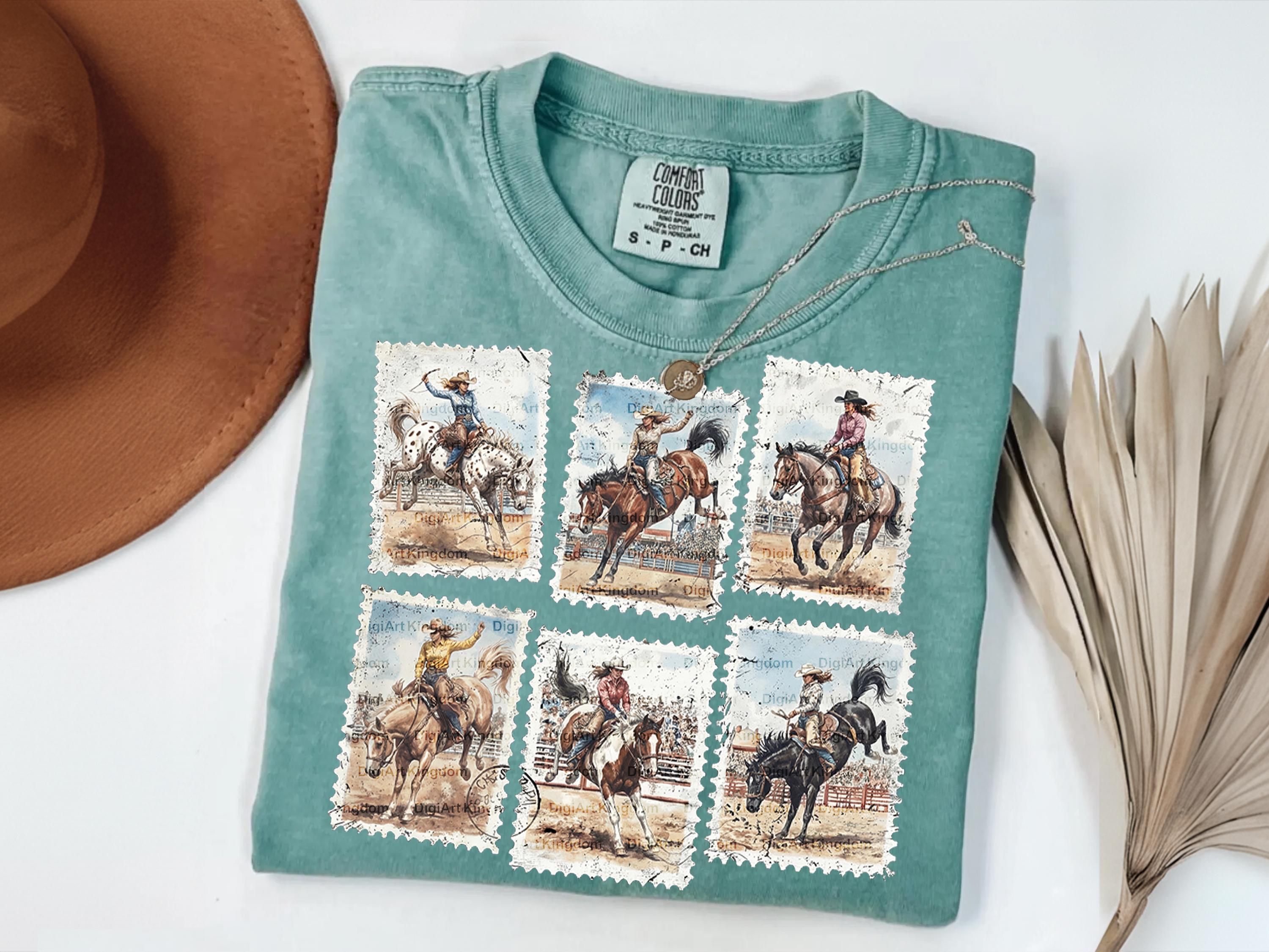 Stamp Rodeo Cowgirl Bucking Horse Stamp Set, Retro Western Vintage Rodeo Png ...