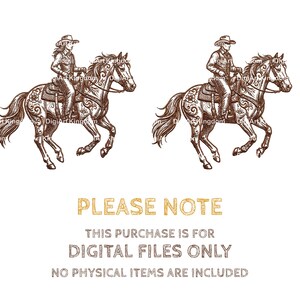 May include: Two sepia-toned illustrations of a person riding a horse, with detailed saddle and bridle. The riders wear cowboy hats and attire. The image includes text: "PLEASE NOTE THIS PURCHASE IS FOR DIGITAL FILES ONLY NO PHYSICAL ITEMS ARE INCLUDED."