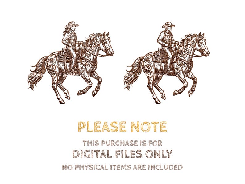 May include: Two sepia-toned illustrations of a person riding a horse, with detailed saddle and bridle. The riders wear cowboy hats and attire. The image includes text: "PLEASE NOTE THIS PURCHASE IS FOR DIGITAL FILES ONLY NO PHYSICAL ITEMS ARE INCLUDED."