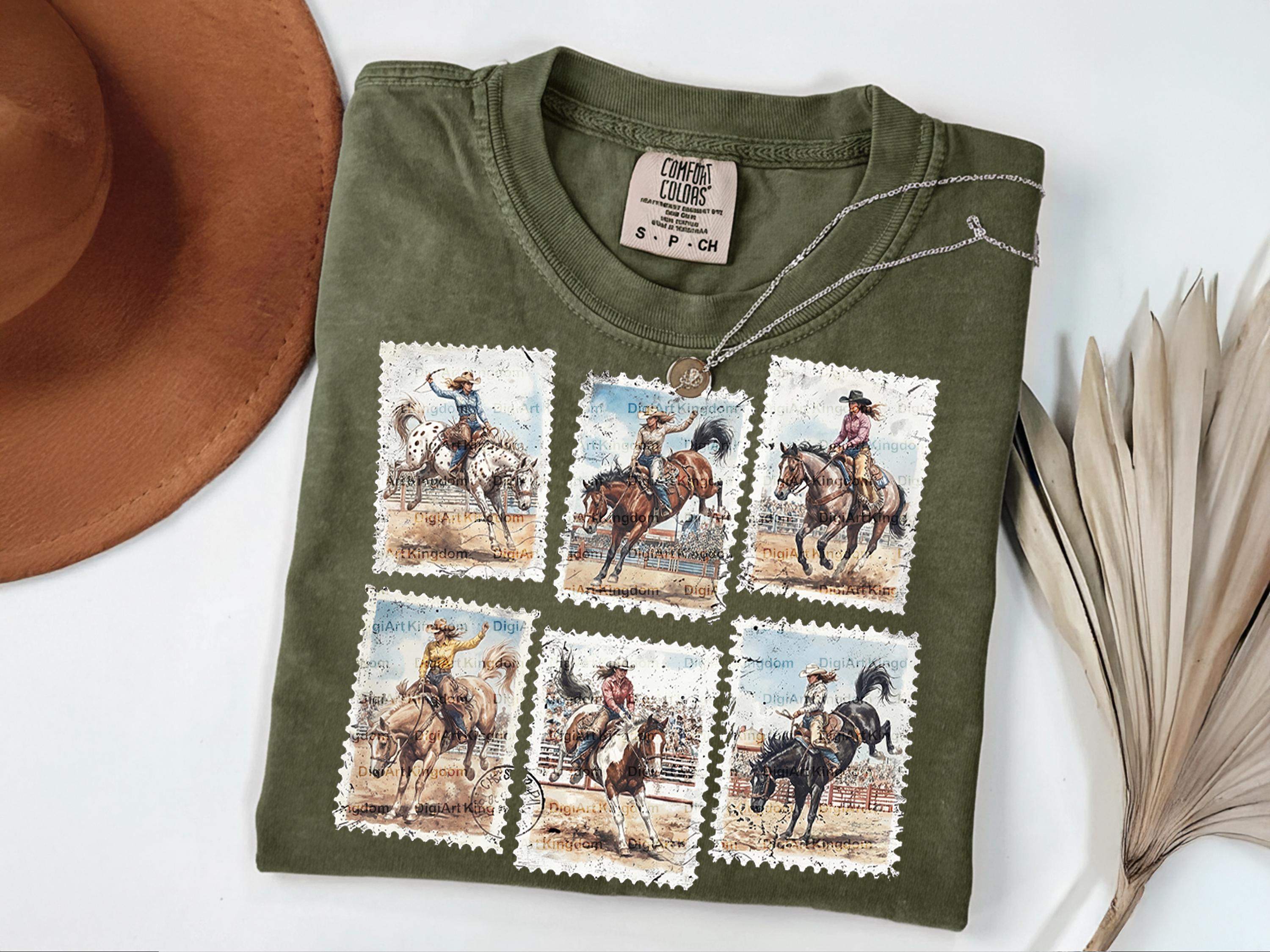Stamp Rodeo Cowgirl Bucking Horse Stamp Set, Retro Western Vintage Rodeo Png ...