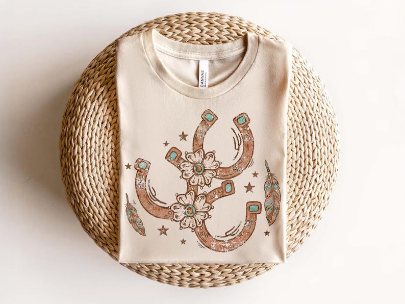 Vintage Western Cowgirl PNG, Boho Hästsko Blommig Blågrön Turkos Distressed Sublimation Tee Grafik bild 6