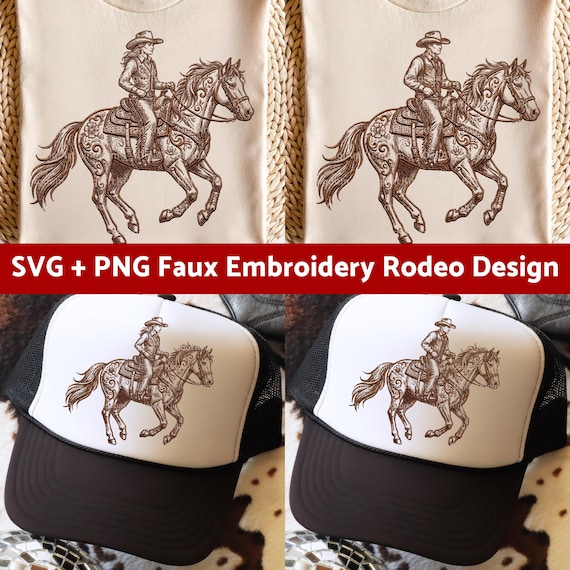 Desert Cowboy & Cowgirl Faux Embroidery PNG SVG, Western Horse Rider Vintage, Rustic Rodeo Design