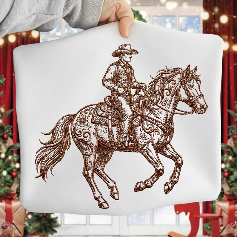 May include: White pillow with a brown illustration of a cowboy riding a horse. The cowboy wears a hat and vest. The horse has decorative floral patterns. The image is held by a person.