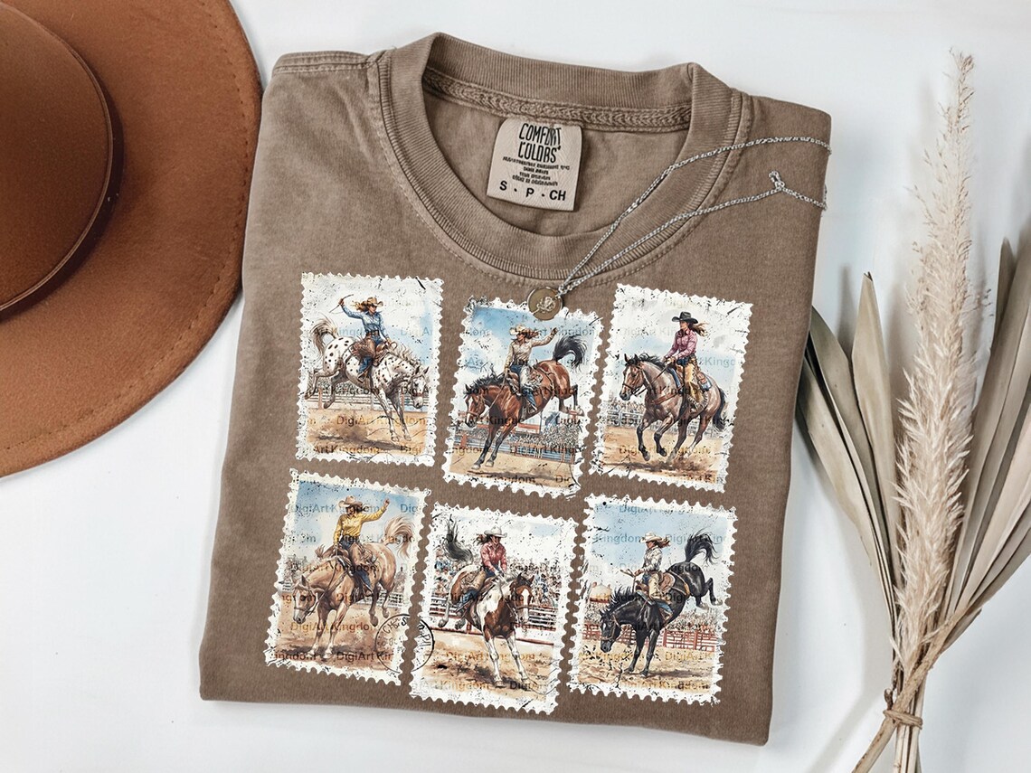 Stamp Rodeo Cowgirl Bucking Horse Stamp Set, Retro Western Vintage Rodeo Png ...