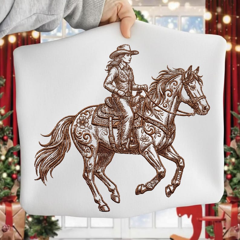 May include: White pillow with a brown illustration of a cowgirl riding a horse. The cowgirl wears a hat and is seated on a saddle with floral designs. The horse has detailed decorative elements.
