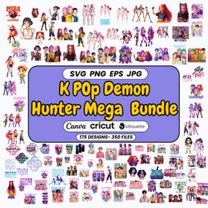 May include: A digital art bundle featuring numerous K-Pop-themed designs. The central graphic reads "K Pop Demon Hunter Mega Bundle" with "175 Designs - 350 Files" below. The image includes various illustrations and logos, suitable for digital crafting.