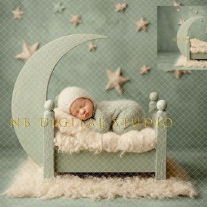Op de afbeelding: Een pasgeboren baby slaapt vredig in een miniatuurbed in de vorm van een halve maan. Het bed is lichtgroen en gevuld met zachte witte beddengoed. De achtergrond is zachtgroen met sterdecoraties.