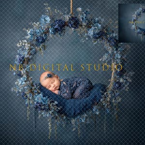 Newborn Digital Backdrop Dark Blue Floral Wreath, Hanging Flower Ring on Blue Textured Background, Baby Photography Prop Backdrop