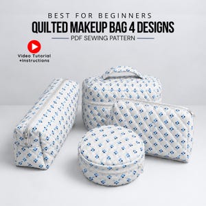 May include: Four quilted makeup bags in various shapes featuring a white fabric with a blue and light blue diamond pattern. The text reads: BEST FOR BEGINNERS QUILTED MAKEUP BAG 4 DESIGNS PDF SEWING PATTERN Video Tutorial +Instructions.
