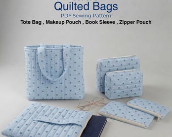 Zestaw 6 wykrojów do szycia na torbę pikowaną, torbę płócienną, woreczek na zamek błyskawiczny, kosmetyczka, kieszeń na książkę, wykrój A0/A4