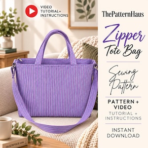 Könnte beinhalten: Eine lila gestreifte Stofftasche mit zwei Tragegriffen und einem langen Schulterriemen. Der Text auf der rechten Seite lautet ThePatternHaus Zipper Tote Bag Sewing Pattern, Pattern + Video, Tutorial + Instructions und Instant Download.