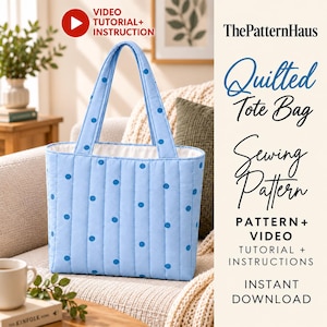 May include: A light blue quilted tote bag with dark blue polka dots and vertical stitching. The text on the right reads: ThePatternHaus Quilted Tote Bag Sewing Pattern PATTERN + VIDEO TUTORIAL + INSTRUCTIONS INSTANT DOWNLOAD.