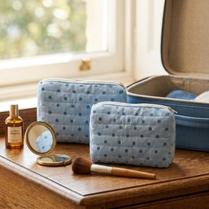 May include: Two light blue quilted cosmetic bags with navy blue polka dots, a gold compact mirror, a makeup brush, and a bottle of Citrus Verbena perfume sit on a wooden surface. A blue suitcase is open in the background.