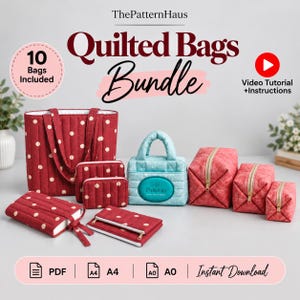 Pode incluir: Um pacote digital de 10 bolsas acolchoadas com vários designs em vermelho e azul claro com bolinhas. A imagem inclui o texto ThePatternHaus, Quilted Bags Bundle, 10 Bags Included, Video Tutorial +Instructions, PDF, A4, A0, Instant Download.