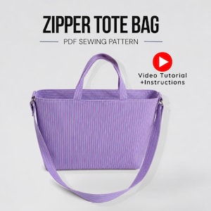 May include: A purple tote bag with thin vertical stripes, two top handles, and a long shoulder strap. The text reads ZIPPER TOTE BAG PDF SEWING PATTERN and Video Tutorial +Instructions with a red play button icon above the bag.