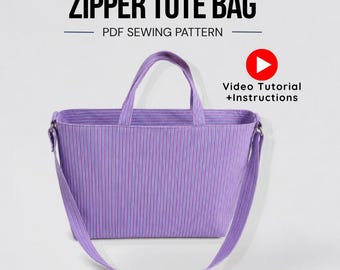 Zipper Gusset Tote Bag Sewing Pattern PDF, Two Strip Tote Bag, DIY Tote Bag Pattern, Shoulder Bag Pattern, video tutorial, Digital Download