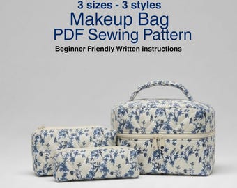 Wykrój do szycia pikowanej kosmetyczki w formacie PDF: 3 style, 3 rozmiary, kosmetyczka, kosmetyczki, organizer na przybory do włosów