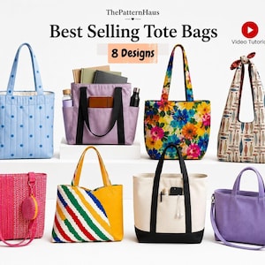 May include: Eight tote bags in various colors and patterns, including a blue polka dot bag, a purple bag with pockets, a floral bag, a fish print bag, a pink textured bag, a yellow striped bag, a cream bag with black trim, and a purple corduroy bag.