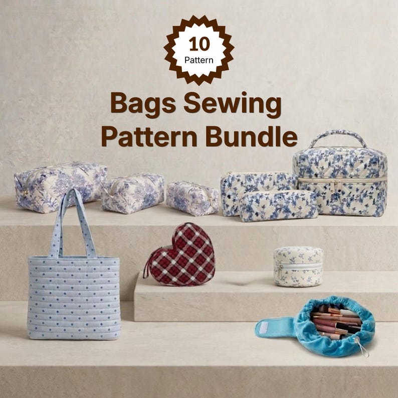Quilted Bag Sewing Pattern Bundle PDF, Makeup & Tote Bags, Beginner ...