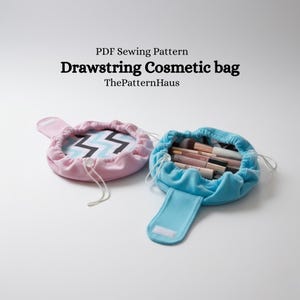 May include: Two drawstring cosmetic bags, one pink and one blue, are displayed. The pink bag has a black and light blue zigzag pattern inside. The blue bag is open, revealing makeup items. Text on the image reads "PDF Sewing Pattern Drawstring Cosmetic bag ThePatternHaus."