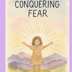 May include: Watercolor illustration of a journal cover with the text "REVERSE JOURNAL CONQUERING FEAR." The image features a faceless figure with arms outstretched, standing on a hill with mountains in the background and a sunburst behind them. The journal has a lavender border.