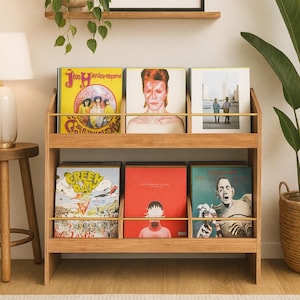 May include: A wooden record storage unit with gold-colored dividers, holding six vinyl record albums. The albums feature colorful artwork and portraits. A lamp, plant, and framed art piece are also visible.